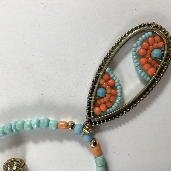 Hand Crafted Pendant Necklace Seed Beads Turquoise Orange Gold tone findings - Picture 3 of 8